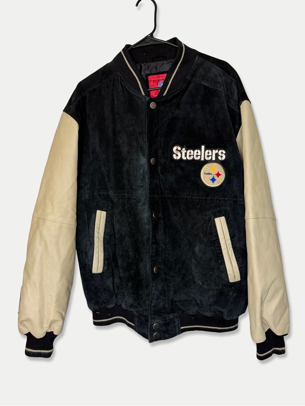 NFL Steelers Leather Varsity Bomber Jacket Patches Black Tan GUC